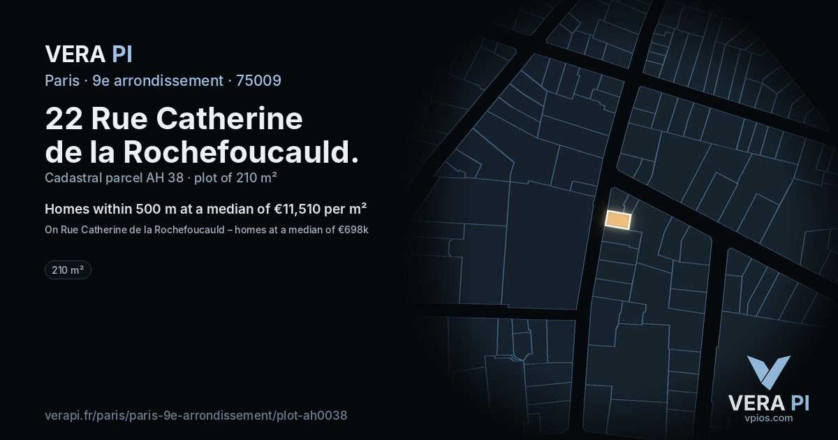 22 Rue Catherine de la Rochefoucauld, 9e arrondissement at night – the plot lit, the parcels around coloured by the prices near them