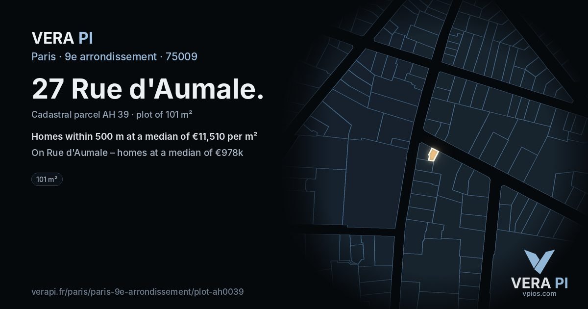 27 Rue d'Aumale, 9e arrondissement at night – the plot lit, the parcels around coloured by the prices near them
