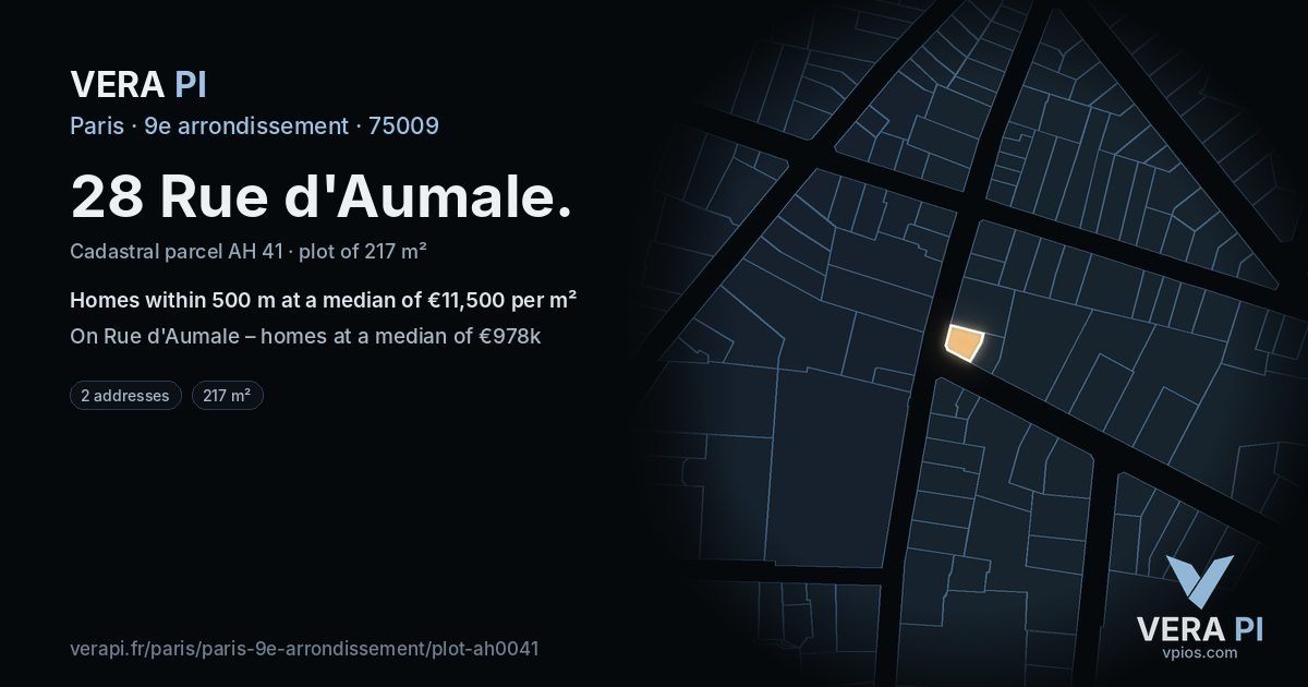 28 Rue d'Aumale, 9e arrondissement at night – the plot lit, the parcels around coloured by the prices near them