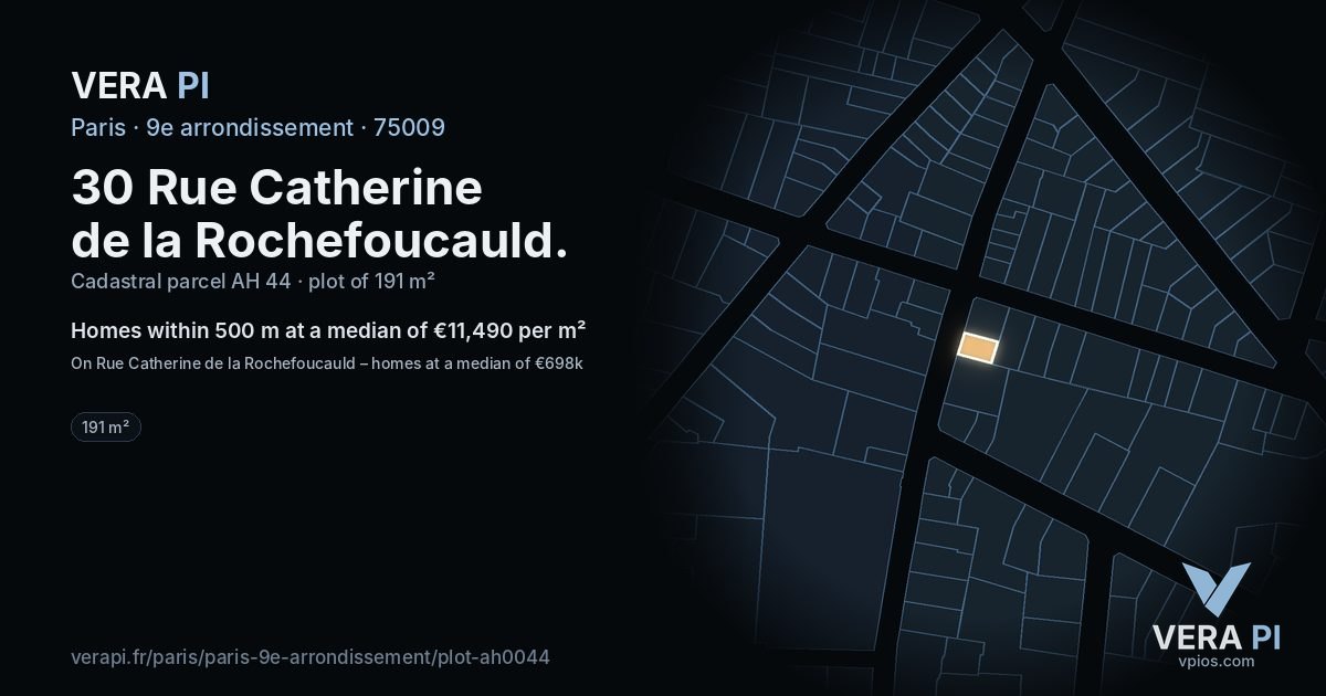 30 Rue Catherine de la Rochefoucauld, 9e arrondissement at night – the plot lit, the parcels around coloured by the prices near them