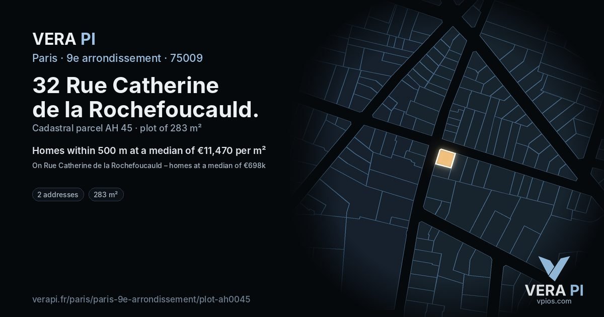 32 Rue Catherine de la Rochefoucauld, 9e arrondissement at night – the plot lit, the parcels around coloured by the prices near them