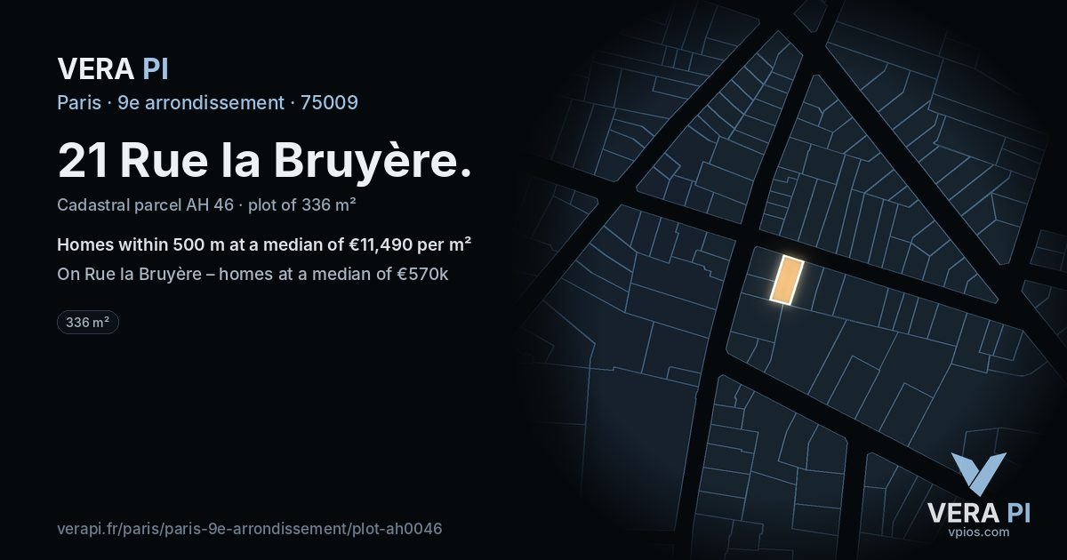 21 Rue la Bruyère, 9e arrondissement at night – the plot lit, the parcels around coloured by the prices near them