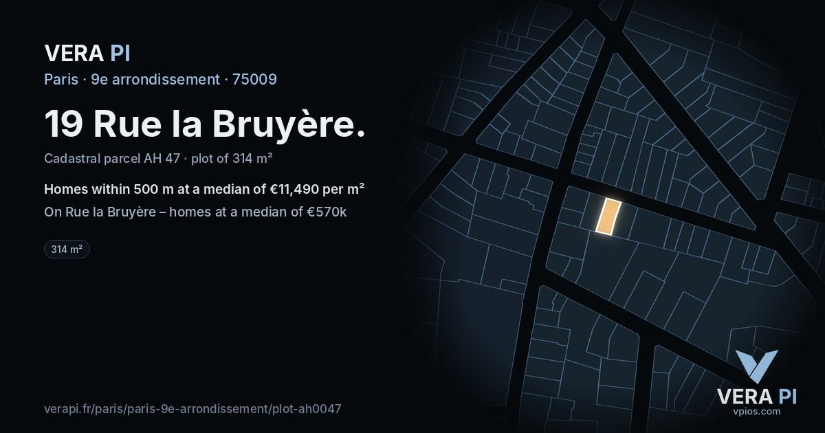 19 Rue la Bruyère, 9e arrondissement at night – the plot lit, the parcels around coloured by the prices near them