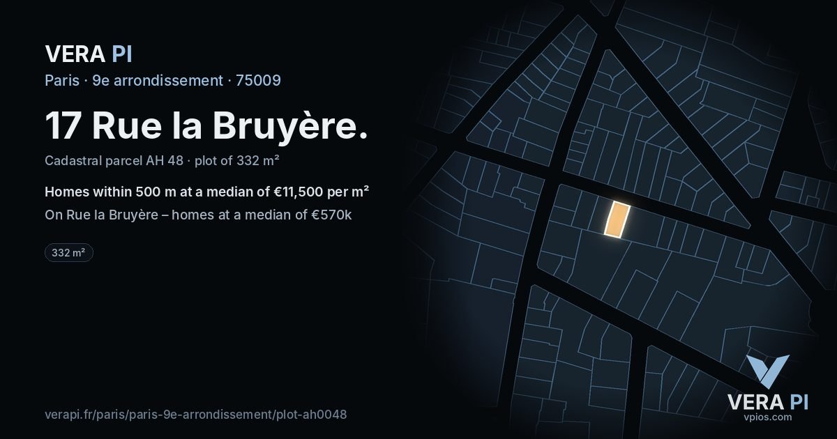17 Rue la Bruyère, 9e arrondissement at night – the plot lit, the parcels around coloured by the prices near them