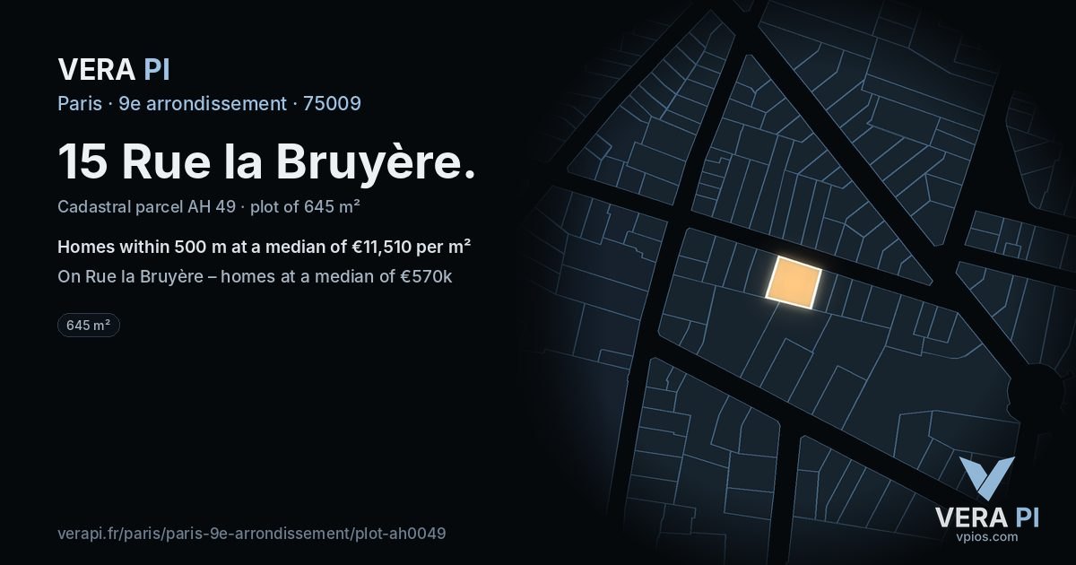 15 Rue la Bruyère, 9e arrondissement at night – the plot lit, the parcels around coloured by the prices near them