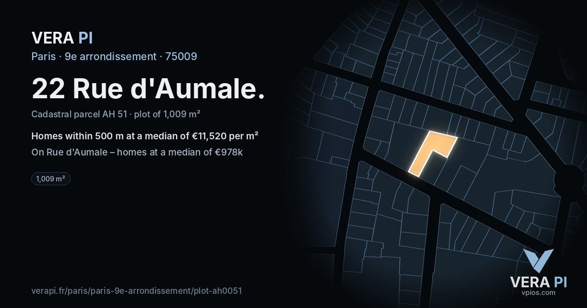 22 Rue d'Aumale, 9e arrondissement at night – the plot lit, the parcels around coloured by the prices near them