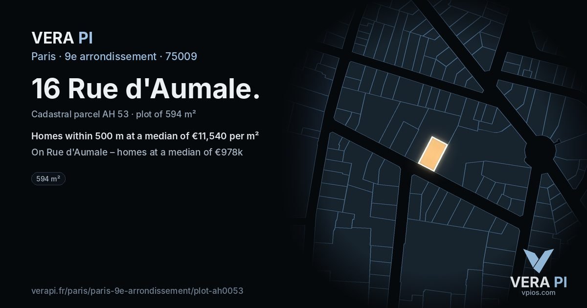 16 Rue d'Aumale, 9e arrondissement at night – the plot lit, the parcels around coloured by the prices near them