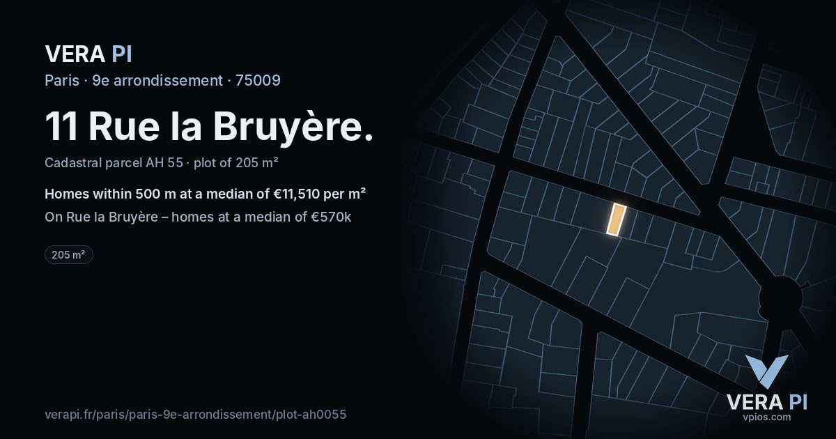 11 Rue la Bruyère, 9e arrondissement at night – the plot lit, the parcels around coloured by the prices near them