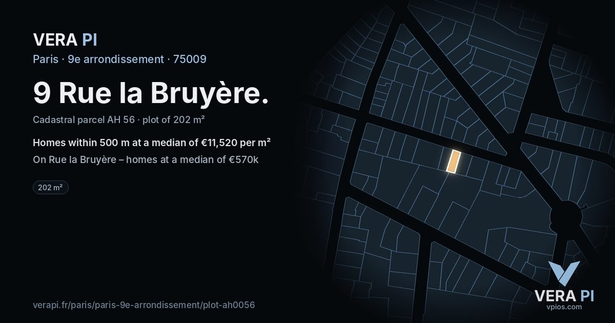 9 Rue la Bruyère, 9e arrondissement at night – the plot lit, the parcels around coloured by the prices near them