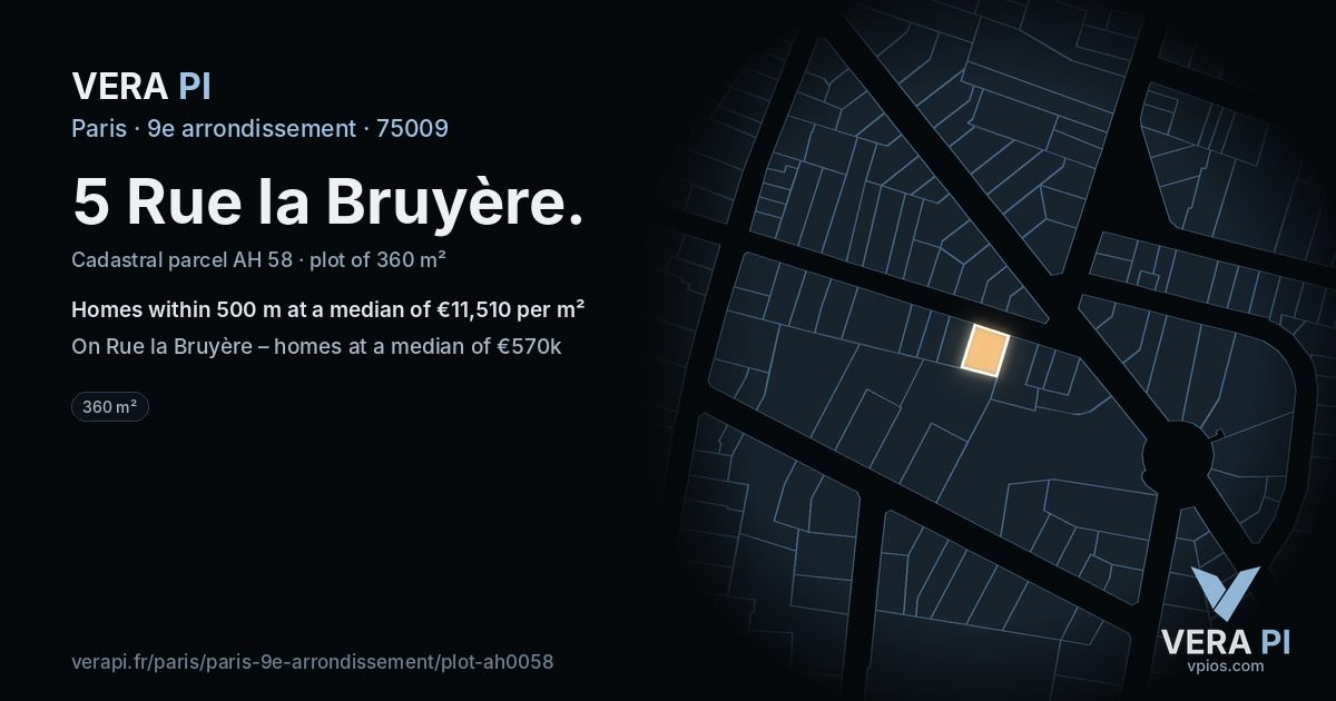 5 Rue la Bruyère, 9e arrondissement at night – the plot lit, the parcels around coloured by the prices near them