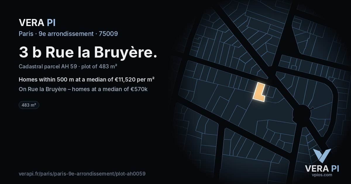 3 b Rue la Bruyère, 9e arrondissement at night – the plot lit, the parcels around coloured by the prices near them