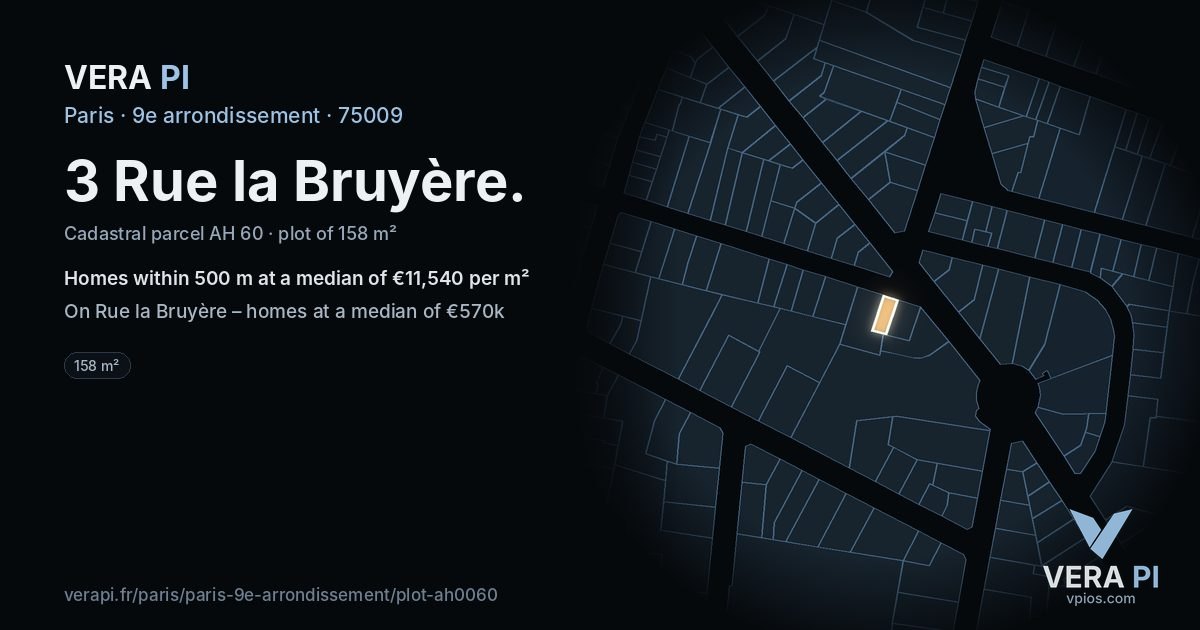3 Rue la Bruyère, 9e arrondissement at night – the plot lit, the parcels around coloured by the prices near them