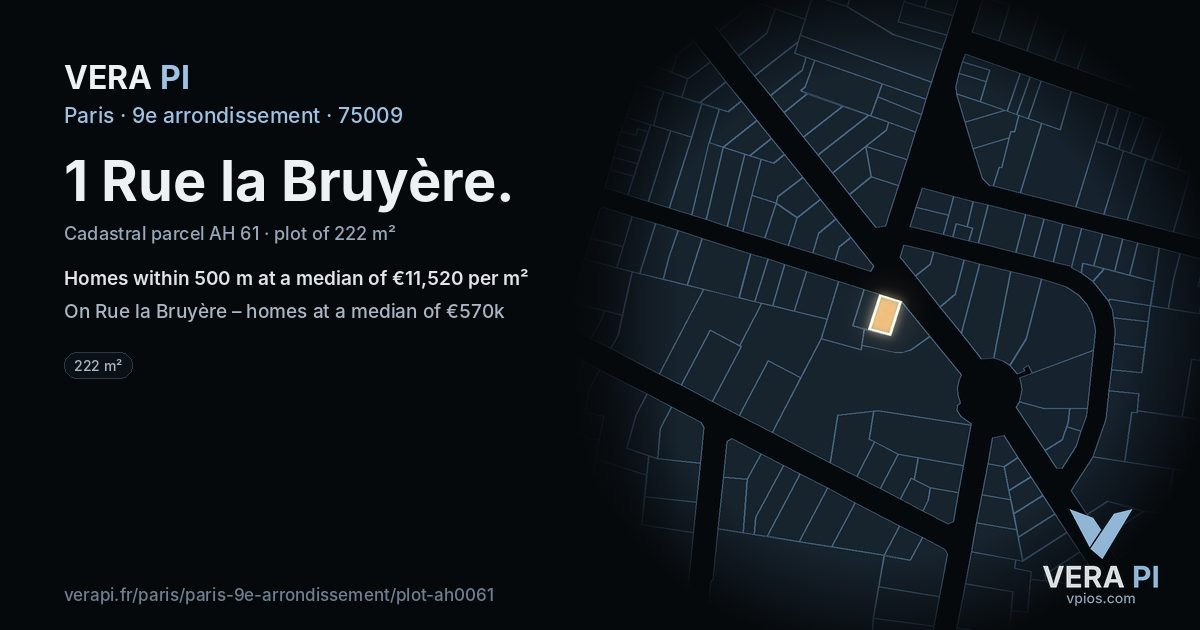 1 Rue la Bruyère, 9e arrondissement at night – the plot lit, the parcels around coloured by the prices near them