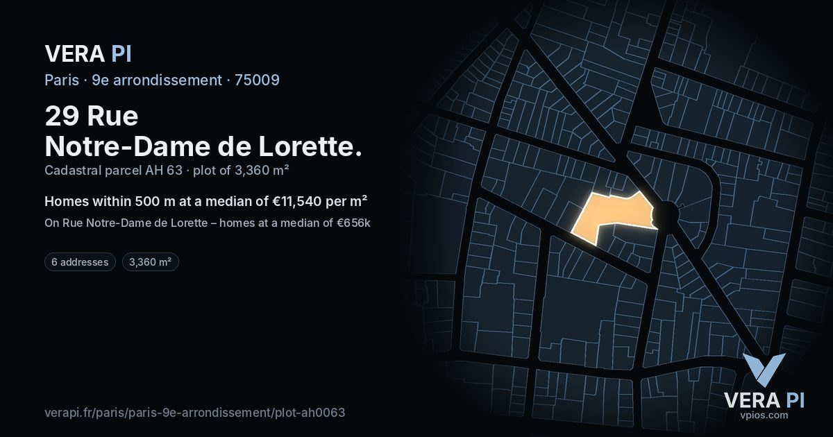 29 Rue Notre-Dame de Lorette, 9e arrondissement at night – the plot lit, the parcels around coloured by the prices near them