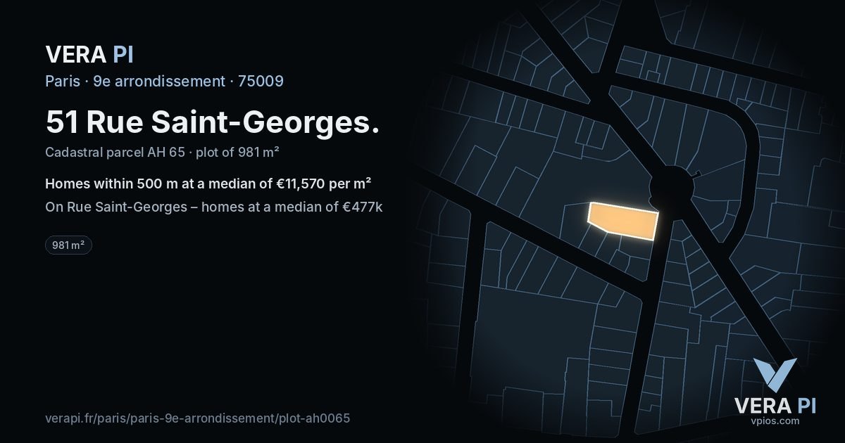 51 Rue Saint-Georges, 9e arrondissement at night – the plot lit, the parcels around coloured by the prices near them