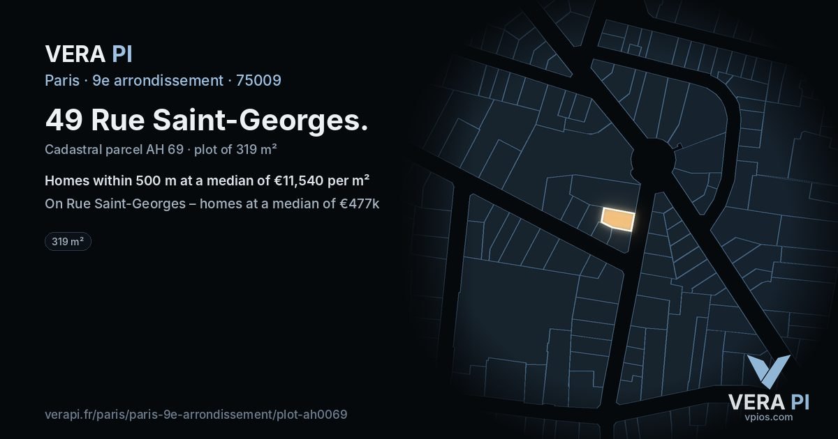 49 Rue Saint-Georges, 9e arrondissement at night – the plot lit, the parcels around coloured by the prices near them