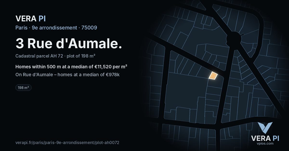 3 Rue d'Aumale, 9e arrondissement at night – the plot lit, the parcels around coloured by the prices near them