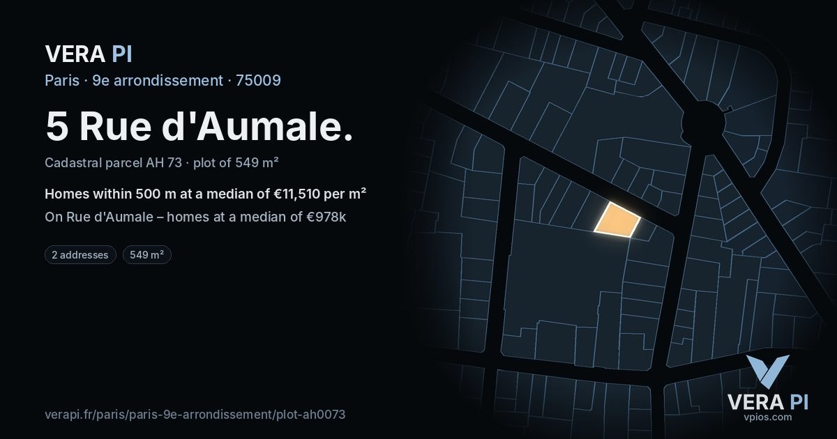 5 Rue d'Aumale, 9e arrondissement at night – the plot lit, the parcels around coloured by the prices near them