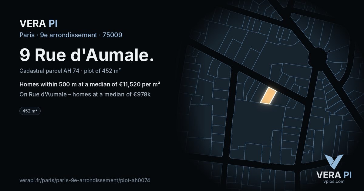 9 Rue d'Aumale, 9e arrondissement at night – the plot lit, the parcels around coloured by the prices near them