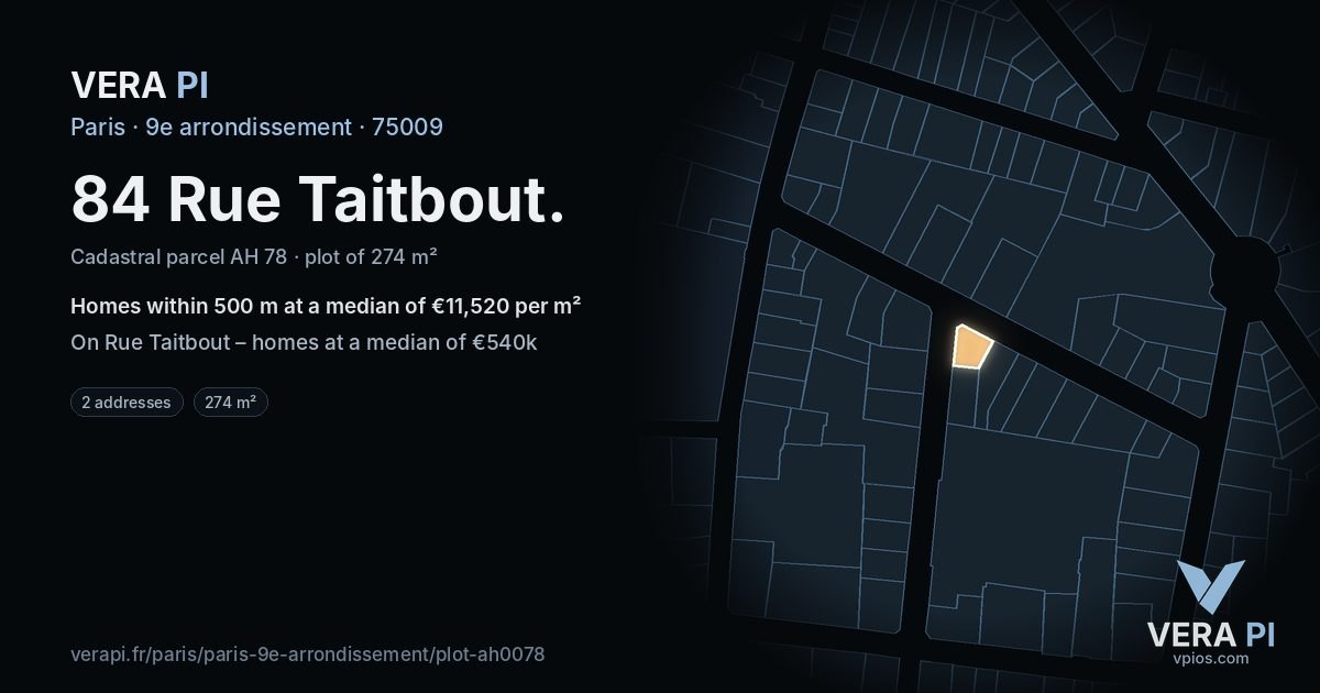 84 Rue Taitbout, 9e arrondissement at night – the plot lit, the parcels around coloured by the prices near them