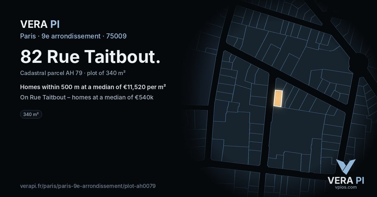82 Rue Taitbout, 9e arrondissement at night – the plot lit, the parcels around coloured by the prices near them