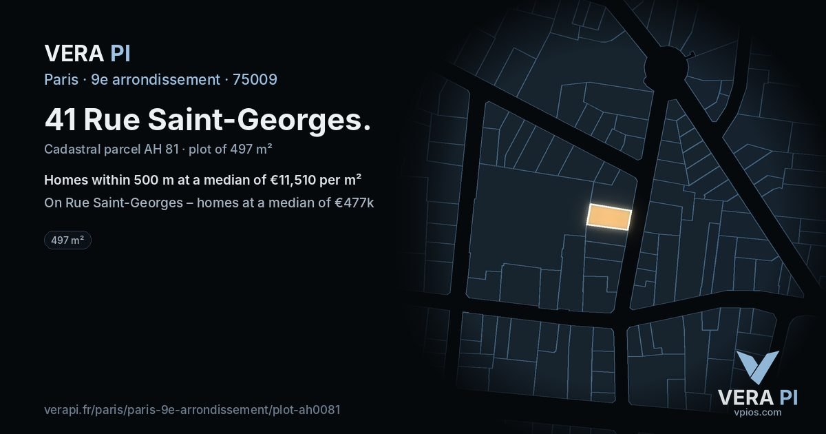 41 Rue Saint-Georges, 9e arrondissement at night – the plot lit, the parcels around coloured by the prices near them