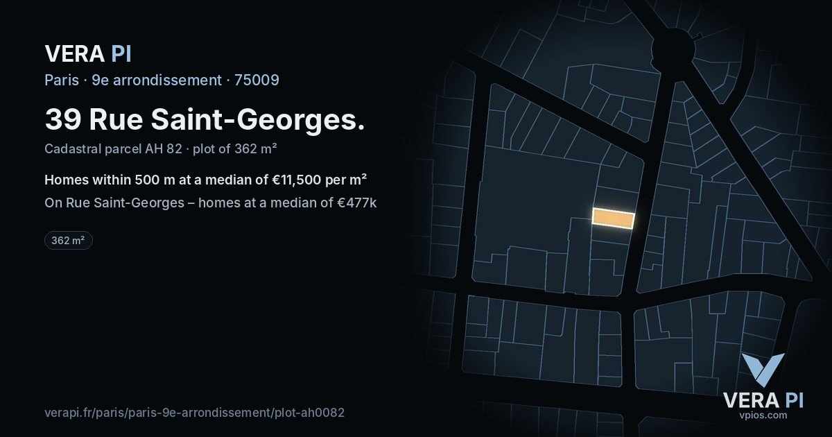 39 Rue Saint-Georges, 9e arrondissement at night – the plot lit, the parcels around coloured by the prices near them