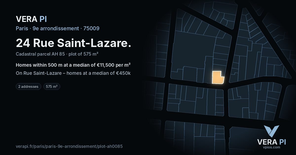 24 Rue Saint-Lazare, 9e arrondissement at night – the plot lit, the parcels around coloured by the prices near them