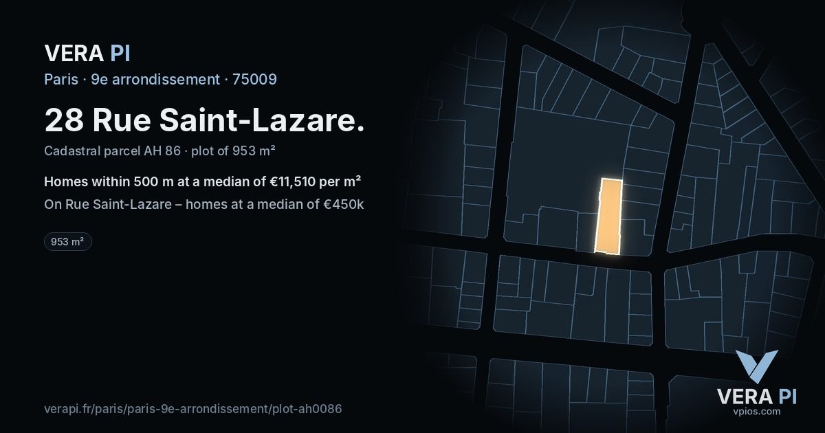28 Rue Saint-Lazare, 9e arrondissement at night – the plot lit, the parcels around coloured by the prices near them