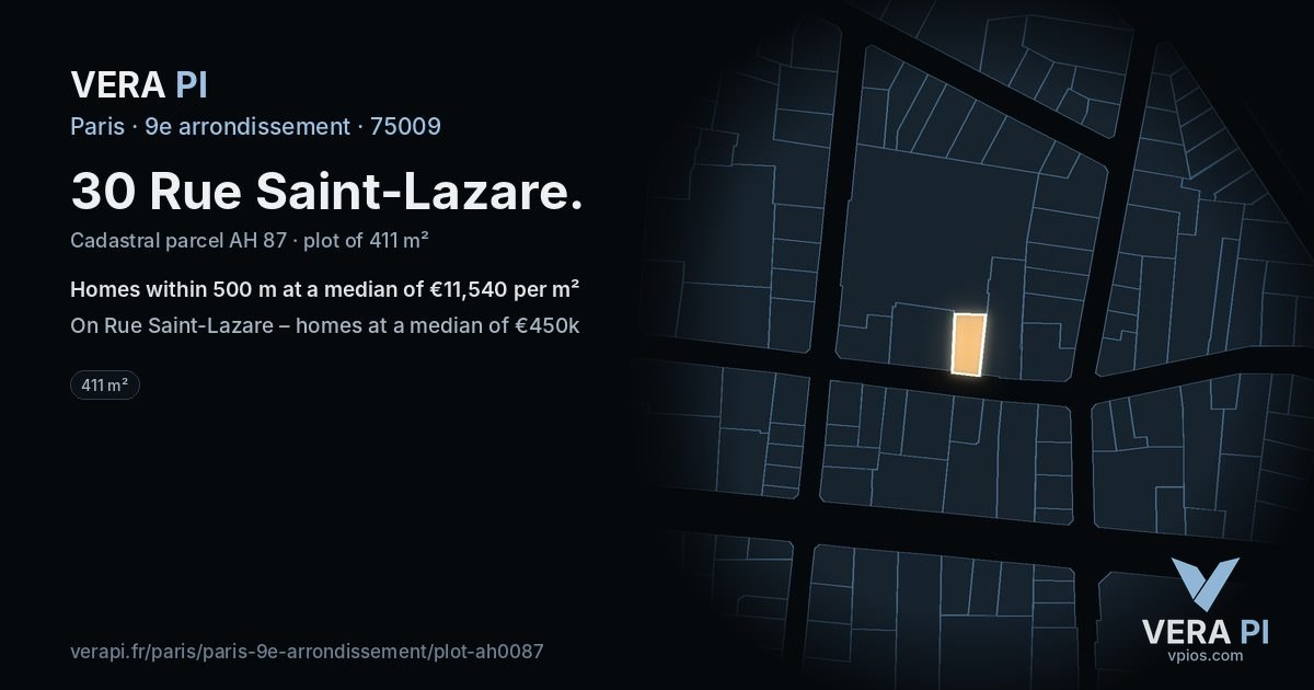 30 Rue Saint-Lazare, 9e arrondissement at night – the plot lit, the parcels around coloured by the prices near them