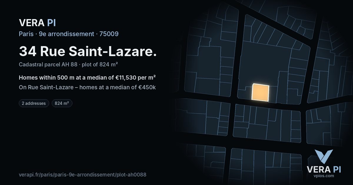 34 Rue Saint-Lazare, 9e arrondissement at night – the plot lit, the parcels around coloured by the prices near them