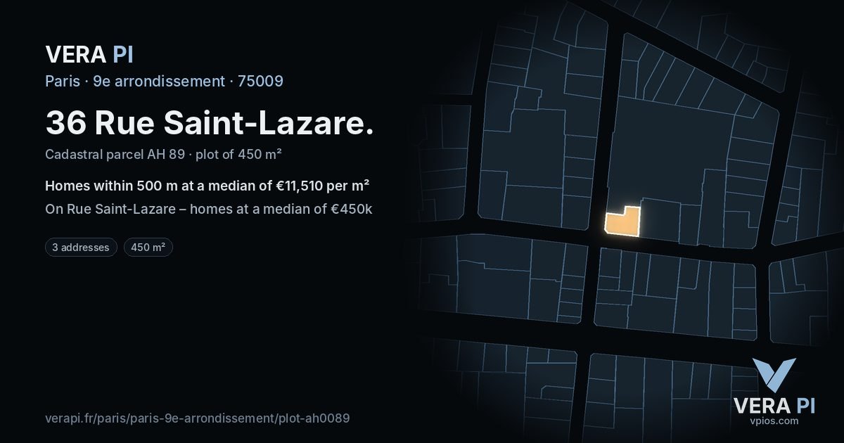 36 Rue Saint-Lazare, 9e arrondissement at night – the plot lit, the parcels around coloured by the prices near them