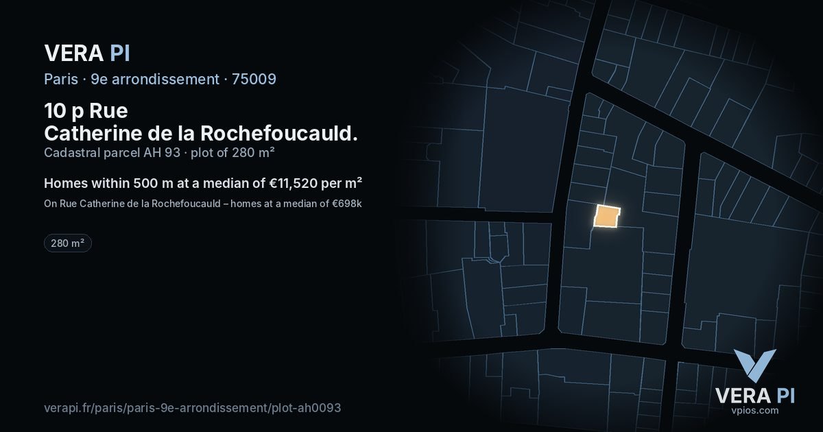 10 p Rue Catherine de la Rochefoucauld, 9e arrondissement at night – the plot lit, the parcels around coloured by the prices near them