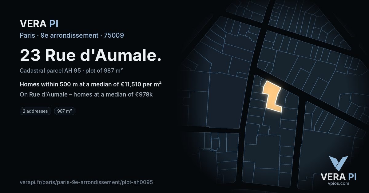 23 Rue d'Aumale, 9e arrondissement at night – the plot lit, the parcels around coloured by the prices near them
