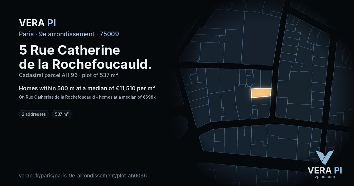5 Rue Catherine de la Rochefoucauld, 9e arrondissement at night – the plot lit, the parcels around coloured by the prices near them