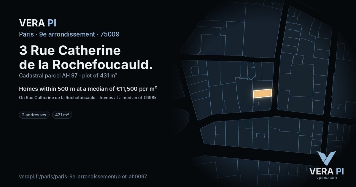 3 Rue Catherine de la Rochefoucauld, 9e arrondissement at night – the plot lit, the parcels around coloured by the prices near them