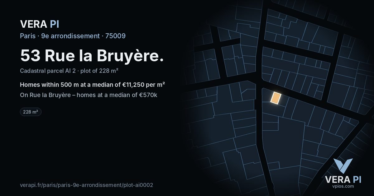 53 Rue la Bruyère, 9e arrondissement at night – the plot lit, the parcels around coloured by the prices near them
