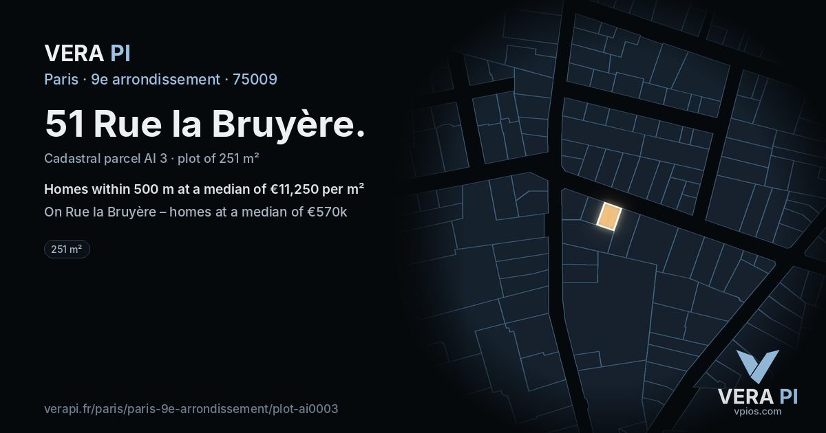 51 Rue la Bruyère, 9e arrondissement at night – the plot lit, the parcels around coloured by the prices near them