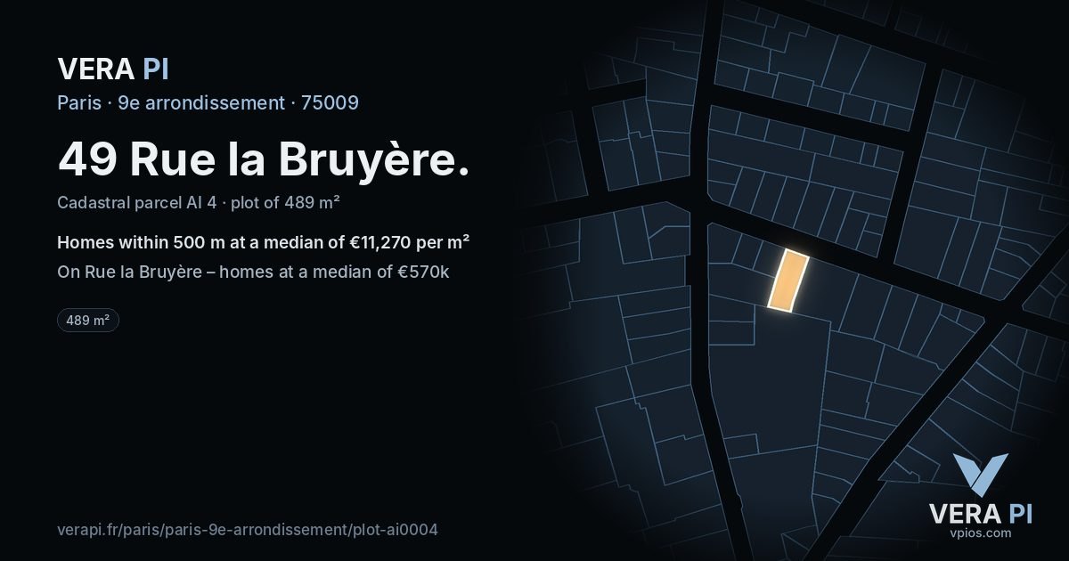 49 Rue la Bruyère, 9e arrondissement at night – the plot lit, the parcels around coloured by the prices near them