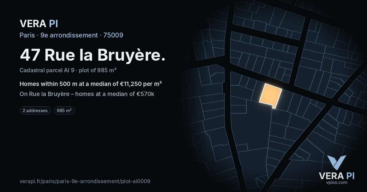 47 Rue la Bruyère, 9e arrondissement at night – the plot lit, the parcels around coloured by the prices near them