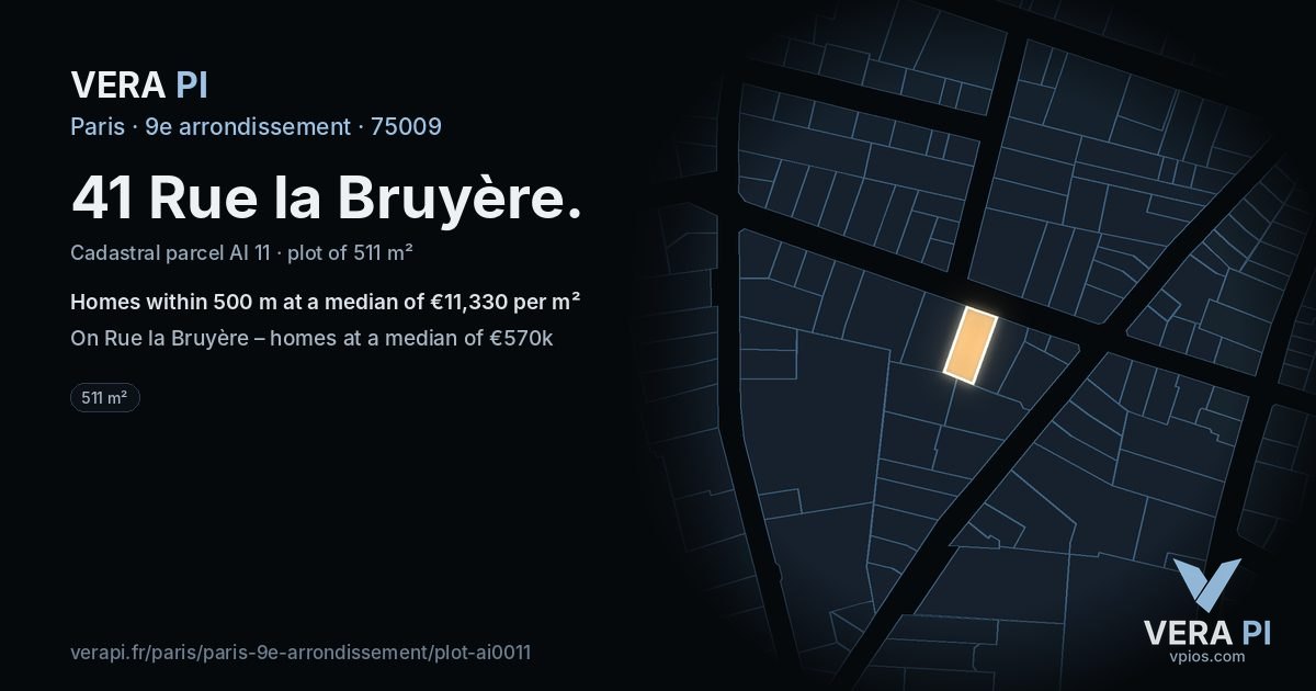 41 Rue la Bruyère, 9e arrondissement at night – the plot lit, the parcels around coloured by the prices near them