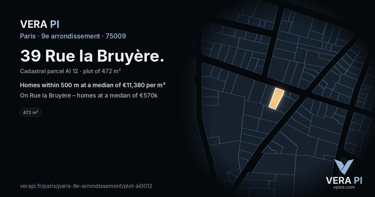 39 Rue la Bruyère, 9e arrondissement at night – the plot lit, the parcels around coloured by the prices near them