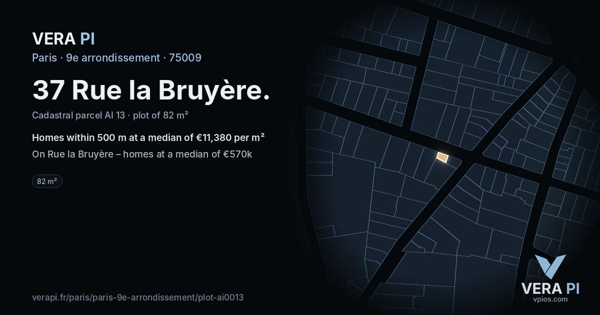37 Rue la Bruyère, 9e arrondissement at night – the plot lit, the parcels around coloured by the prices near them