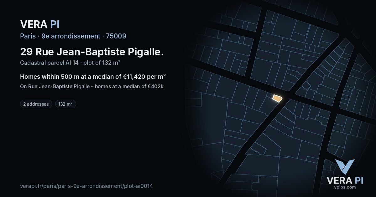 29 Rue Jean-Baptiste Pigalle, 9e arrondissement at night – the plot lit, the parcels around coloured by the prices near them
