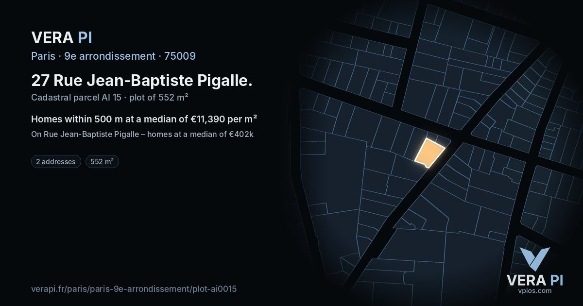 27 Rue Jean-Baptiste Pigalle, 9e arrondissement at night – the plot lit, the parcels around coloured by the prices near them