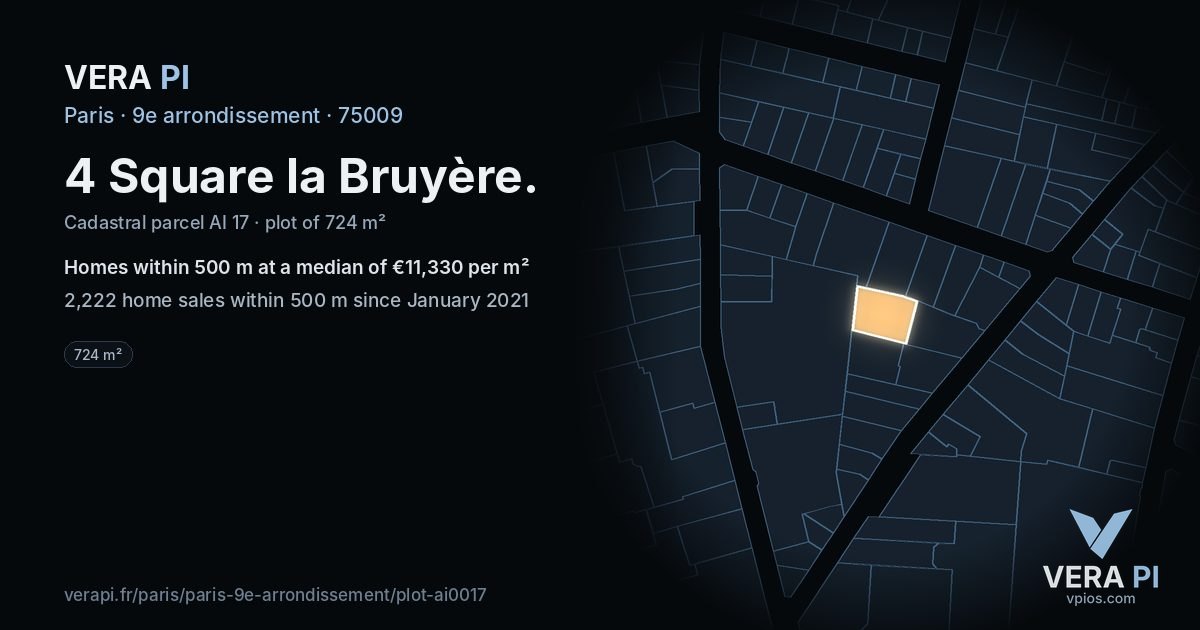 4 Square la Bruyère, 9e arrondissement at night – the plot lit, the parcels around coloured by the prices near them