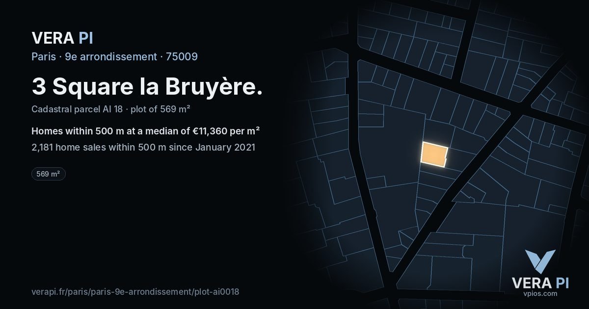 3 Square la Bruyère, 9e arrondissement at night – the plot lit, the parcels around coloured by the prices near them