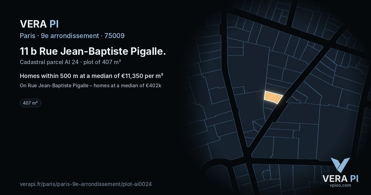 11 b Rue Jean-Baptiste Pigalle, 9e arrondissement at night – the plot lit, the parcels around coloured by the prices near them