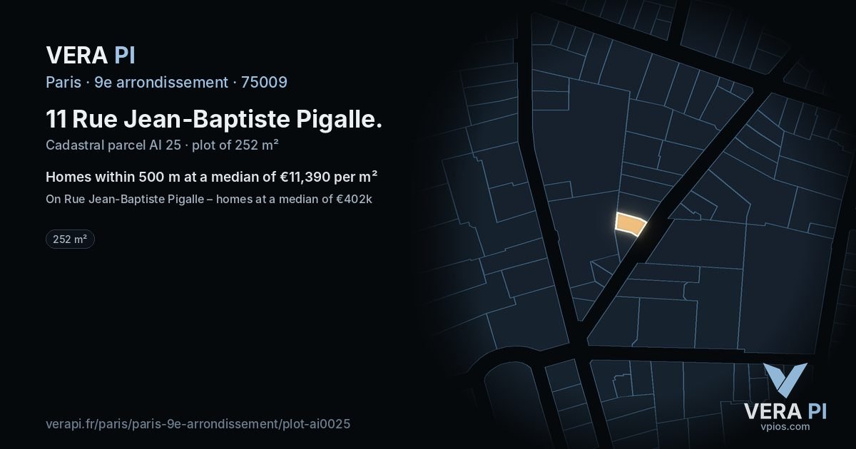 11 Rue Jean-Baptiste Pigalle, 9e arrondissement at night – the plot lit, the parcels around coloured by the prices near them