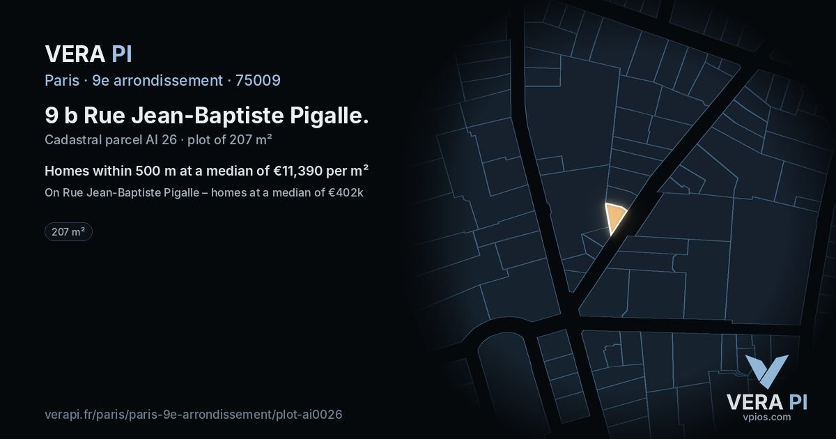 9 b Rue Jean-Baptiste Pigalle, 9e arrondissement at night – the plot lit, the parcels around coloured by the prices near them